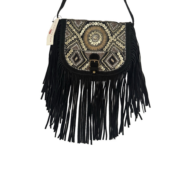 Big Buddha Shoulder Crossbody Bag Black Suede Fringe Gold Beaded Bohemian - NWT - Picture 1 of 14